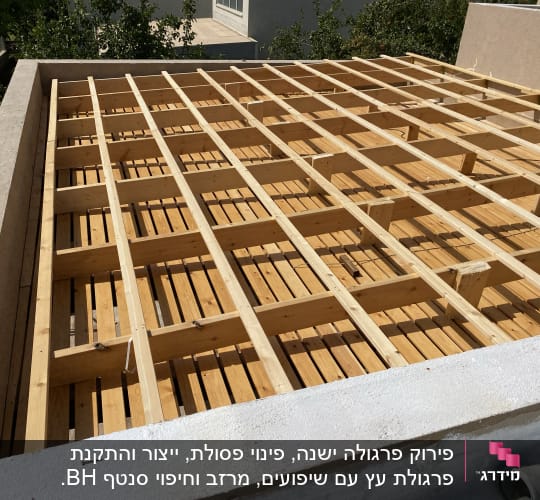 מבנה עץ עם קורות עץ על גג שטוח